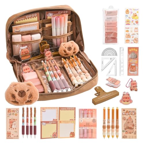 Kit de Fournitures Scolaires Capybara avec Trousse: Set Cadeau Mignon pour Enfants & Écoliers - Organisé pour Cadeau de Rentrée Scolaire École Bureau Art (Orange)