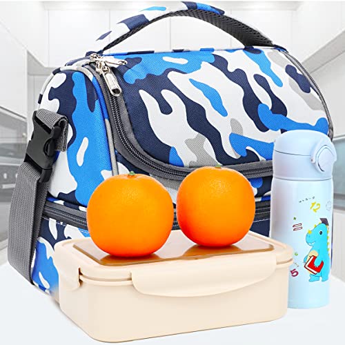 Flowfly Kids Double Decker Cooler Insulated Lunch Bag Large Tote For Boys, Girls, Men, Women, With Adjustable Strap, Blue Camo #TOP6