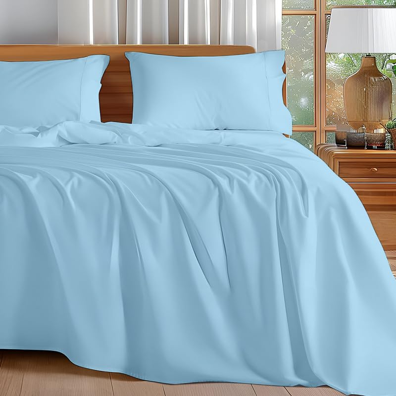 Image of Microfiber King Bed Sheet - Solid Color, Ultra-Soft Bedsheet for Bedroom, Lightweight Plain Bedsheet for King Bed 102x108 Inch, Sky Blue