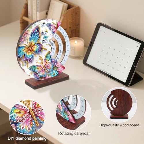 Image of AiYuanzsh Diamond Painting Tabletop Perpetual Calendar - 3D DIY Wooden Desk Ornament with Colorful Butterfly Design, Sparkling Diamond Art Kit for Desktop Decoration & Gifts