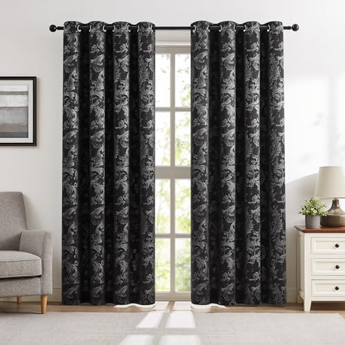 Black Blackout Curtains for Bedroom Silver Foil Geometric Printed Window