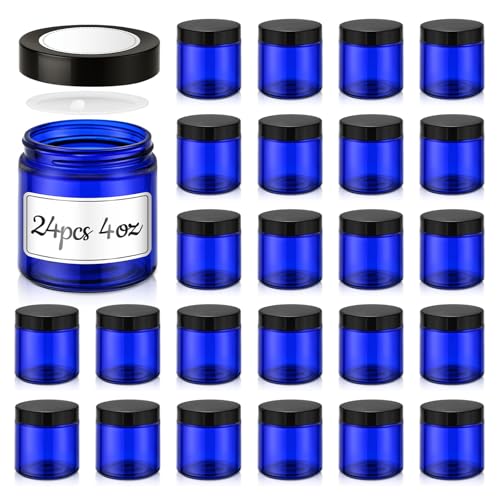 4 oz Glass Jars with Lids, 24 Pack Small Blue Glass Jars with Black Lids