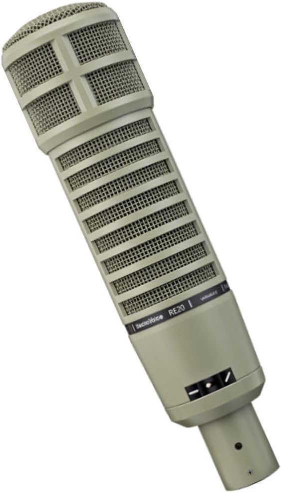 கோணல் view of the Electro-Voice RE20 microphone, showing the side grille and the tone-shaping switch.