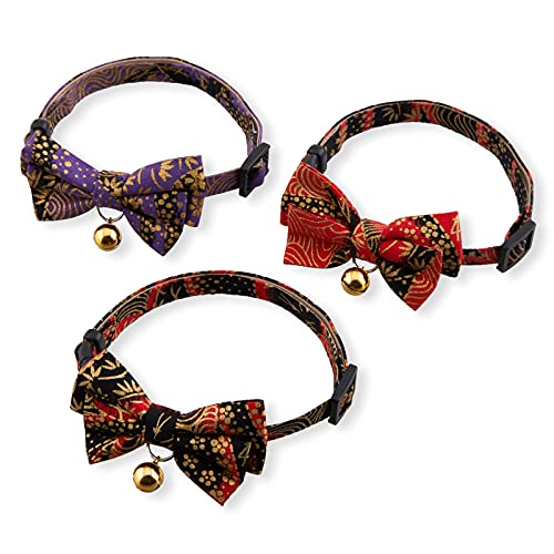 Gilded Gold Bow Tie Cat Collar (Black) with Bell Safety Breakaway Soft Lightweight for Cats Kitty Kitten Japanese Stylish Pattern, No.1 Seller in Japan