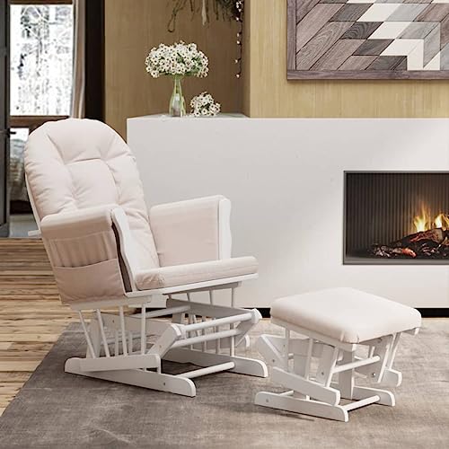 Frdhee Silla de lactancia para dormitorio, silla mecedora de lectura, silla mecedora con taburete, tela rosa clara, sillón balancín para salón, dormitorio, balcón