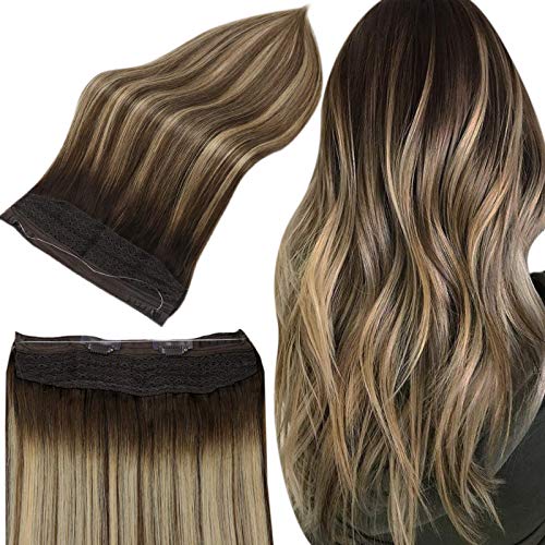 Full Shine Fish Line Invisible Hair Real Human Hair Extensions 12 Inch Ombre Wire Hair Extensions Remy Human Hair Balayage Color 2 3 27 Honey Blonde Hair 70 Gram