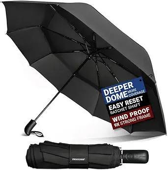 Vented Travel Umbrella | Strong Compact Windproof Umbrella | Deep Dome Coverage | Auto Open/Close | Portable Pop Up with Large Coverage | Fits Car & Backpack
