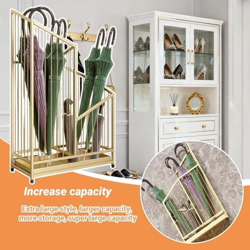 Large Capacity Metal Umbrella Holder Stand - Removable Drip Tray for Indoor Use, Stylish Gold Finish, Perfect for Home & Office Decor (25x20x62cm/9x7x24in)