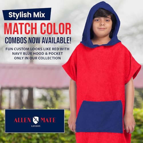 Image of ALLEN & MATE 100% Cotton Kids Hooded Surf Poncho Changing Robe, Quick Absorbent Wearable Swim Towel Boys & Girls, 6-13 Years
