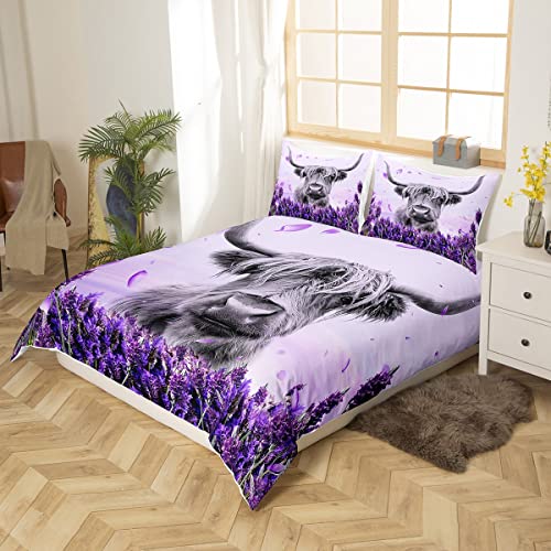 Homewish Purple Highland Cow King Size Duvet Cover Set, Cottagecore Floral Lavender Bedding for Girls Women - Image 2