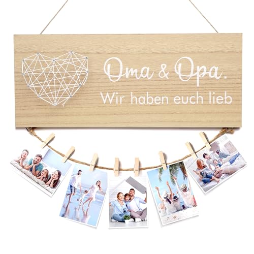 ZMDMAH Geschenk für Oma und Opa Wand Bilderrahmen Collage Wir Haben Euch Lieb Holzschild mit Fotoseil und Holz Klammern Geburtstagsgeschenk für Großeltern Foto