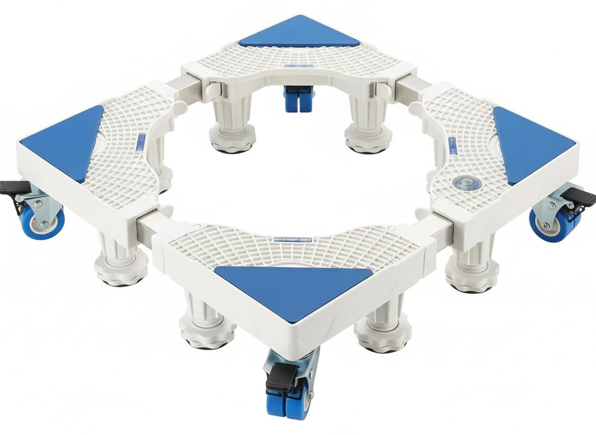 JIALTO Universal Adjustable Washing Machine Stand with 4 Lockable Wheels & 8 Heavy-Duty Legs, Load Capacity 8–300 kg - Movable Base Stand for Refrigerator, Cooler & Appliances(WM – Single Pipe, White)