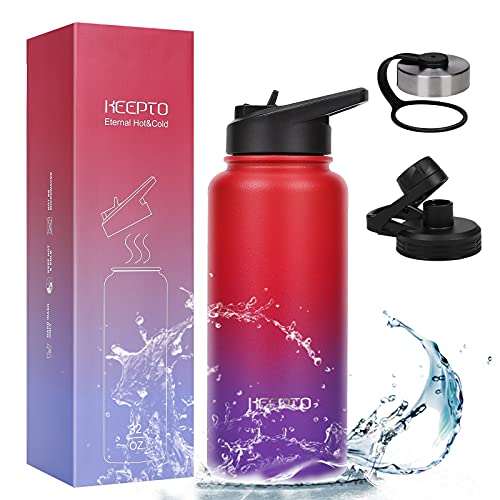 KEEPTO Bouteille d'eau isotherme à 3 couvercles - 46/61/81/1134 ml - Tasse isotherme à double paroi en acier inoxydable Cover