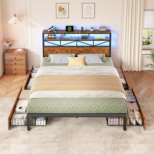Image of Homkdom Queen Bed Frame with Large 4 Drawers, 2-Tier Shelf, LED Light and Charging Station, Heavy Duty Platform Bed with 880 lbs Capacity, Easy Assembly,Vintage Brown