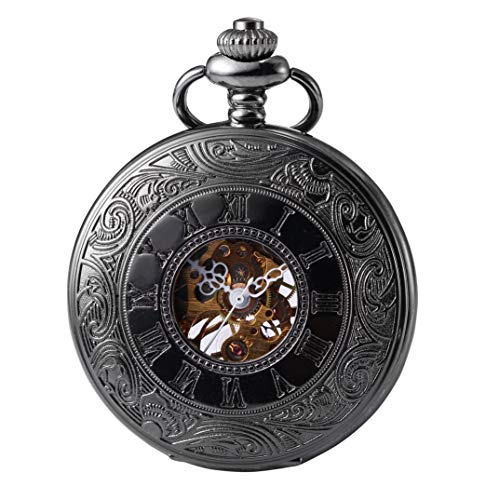 Carrie Hughes Men's Steampunk Vintage Alloy Stainless Steel Skeleton Mechanical Pocket Watch with Chain (CH648)