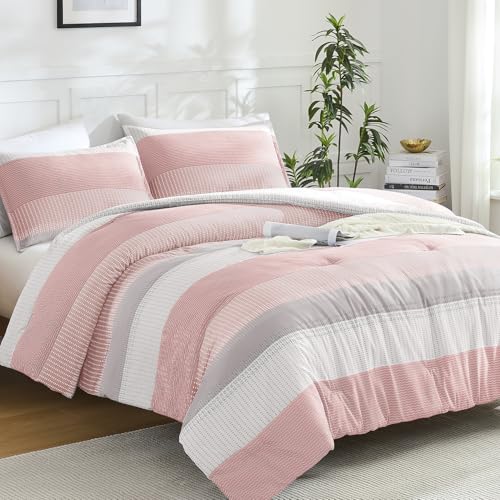 Edredón rosa Queen Litanika con bloques de color blanco rubor y 2 fundas de almohada para cama 4