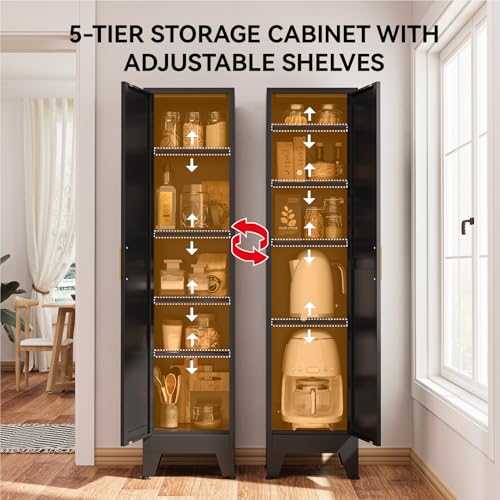 Image of 67 inch Tall Storage Cabinet with Reversible Doors and Adjustable Shelves,Metal Slim Freestanding Cabinet for Bathroom Kitchen Garage Small Spaces,Black,1 Pack