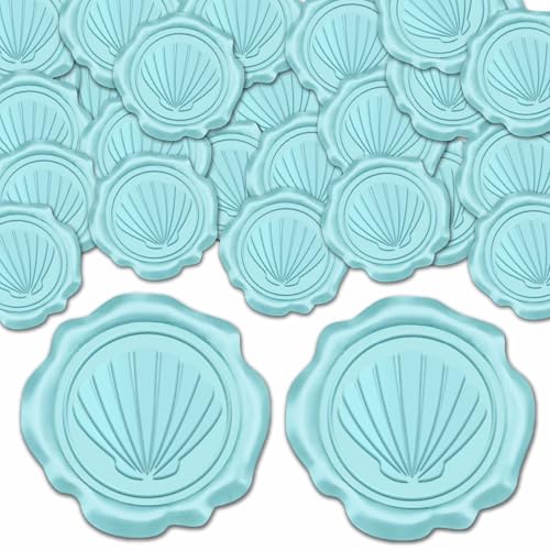 CRASPIRE 1 caja de 25 pegatinas de Cera con Forma de Concha Marina Pegatinas de Sellado de Concha Marina Pegatinas de Cera Adhesivas de Color Azul Océano para Sobres Etiquetas Decorativas para Tarjeta