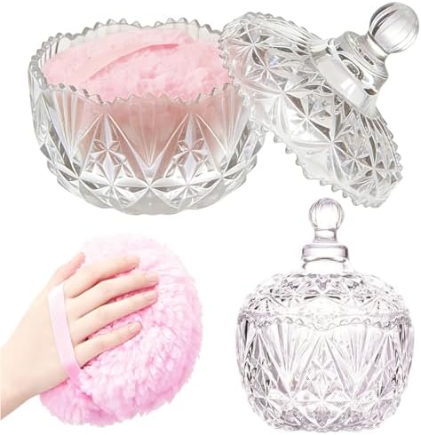 Extra Large Loose Body Powder Containers with Puff, 5.7" Glass Jar