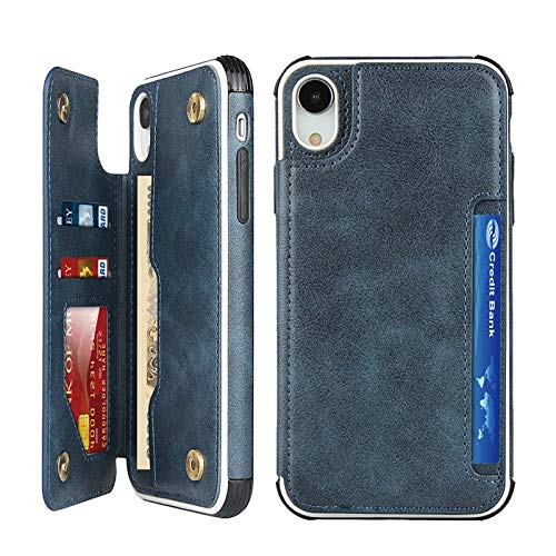 Funda protectora para iPhone XR, piel sintética tipo cartera con ranuras para tarjetas de crédito, funcional, color azul