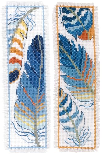 Image of Vervaco Cross Stitch Bookmark Kit Blue Feathers (Set of 2) 2.4 inch x 8 inch