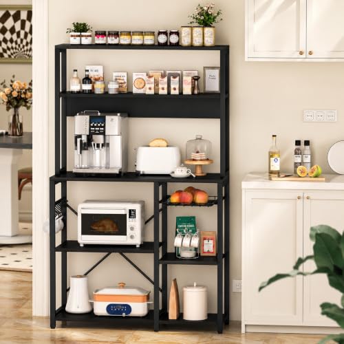 Image of 5-Tier Kitchen Storage Rack | Microwave Stand with Organizer | Kitchen Shelf Unit | Coffee Bar Organizer | Heavy Duty Metal & Wood Cabinet | Black | 90x40x150 cm
