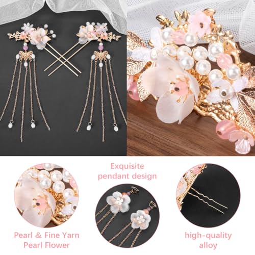 Image of MAYCREATE 5Pcs Flower Tassels Hair Pin Crystal Rhinestone Pearl Headpiece Drop Earrings Retro Brides Hair Accessories for Women Girls
