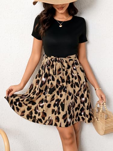 SweatyRocks Women's Graphic Short Sleeve Belted Mini Dress A Line Flared Skater Dresses4