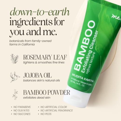 Image of Exfoliating Face Scrub with Bamboo & Papaya Enzyme for Sensitive Skin - Minimizes Pores & Clears Blackheads | Shea Butter & Jojoba | Derm-Tested, Vegan & Fragrance-Free | 4oz | Mudita Earth