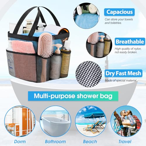 Attmu Mesh Shower Caddy Portable for College Dorm Room Essentials with 8 Pockets, Hanging Shower Caddy Dorm Basket, Quick Dry Shower Bag for Bathroom