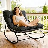 Fauteuil à Bascule avec Coussin, Chaise a Bascule d'Intérieur et d'Extérieur, Rocking Chair avec Repose Pieds, Chaise Papasan, Cadre en Métal, Capacité 150 kg, pour Jardin Patio Salon Balcon