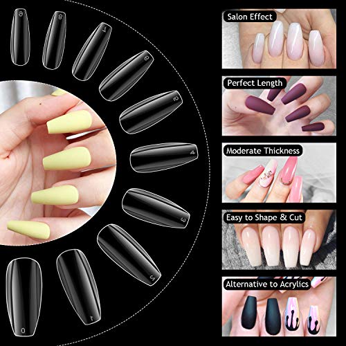 Coffin Fake Nails, iBealous False Nail Full Cover Clear Ballerina 500 Pcs Acrylic Nail Tips with Case, 10 Sizes