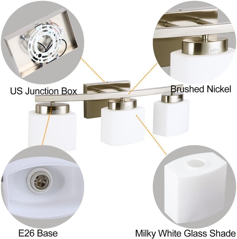 3 light bathroom vanity light over mirror, modern brushed nickel vanity lights with milky glass shade, 23 inches vanity lighting fixtures for bathroom lighting brushed nickel 3-light