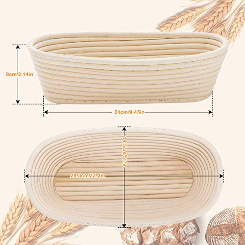 Gifort 2 Pezzi Cestino da Lievitazione per Pane 28x14x8cm, Cesto Lievitazione Pan Ovale 750g in Rattan Naturale con Tela di Lino, Raschietto Pasta e Lame Taglierina Pane