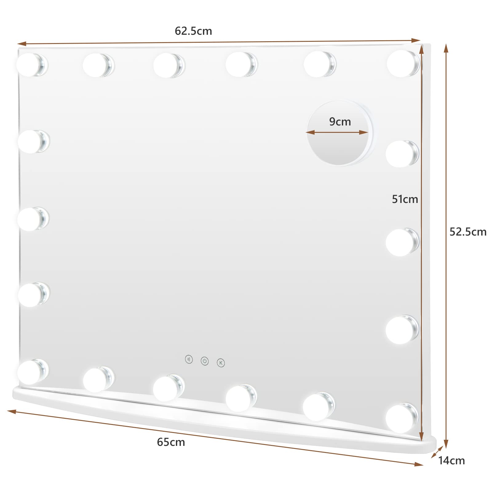 HOMASIS Specchio Trucco con 18 Luci LED Dimmerabili, 62,5x51 cm, Specchio per Trucco con 3 Colore, Specchio da Cosmetico con Controllo Touch e Ingranditore, Illumizione da Tavolo e da Parete