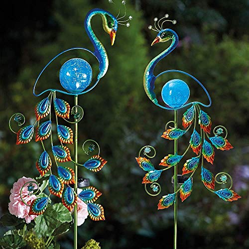 Pair of Decorative Peacock Solar Garden Light Ornaments 85cm