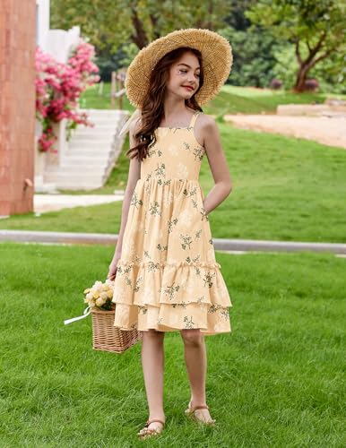 Image of Arshiner Girls Cami Summer Dress Boho Sleeveless Casual Sundress with Pockets for 4-12 Y