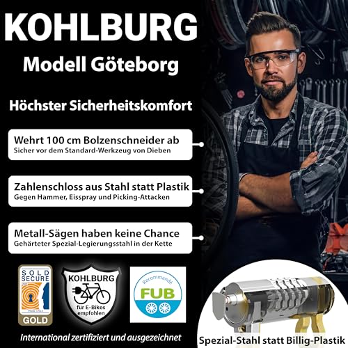 Kohlburg Kettenschloss 110 cm Massives Fahrradschloss mit Zahlencode