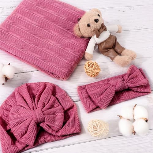 Image of AQOKKA Newborn Receiving Blanket with Bow Hat Headband Wooden Card Set Wheat-Pattern Newborns Toddler Baby Boy Girl Nursery Swaddle Wrap