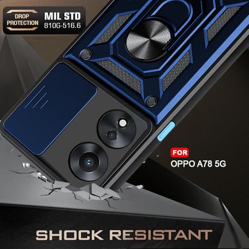 Image of AESTMO Polycarbonate Tough Armor Oppo A78 5G Bumper Back Case Cover | Ring Holder & Sliding Camera Shield Cover | 360 Degree Protection Back Case Cover for Oppo A78 5G (Blue)