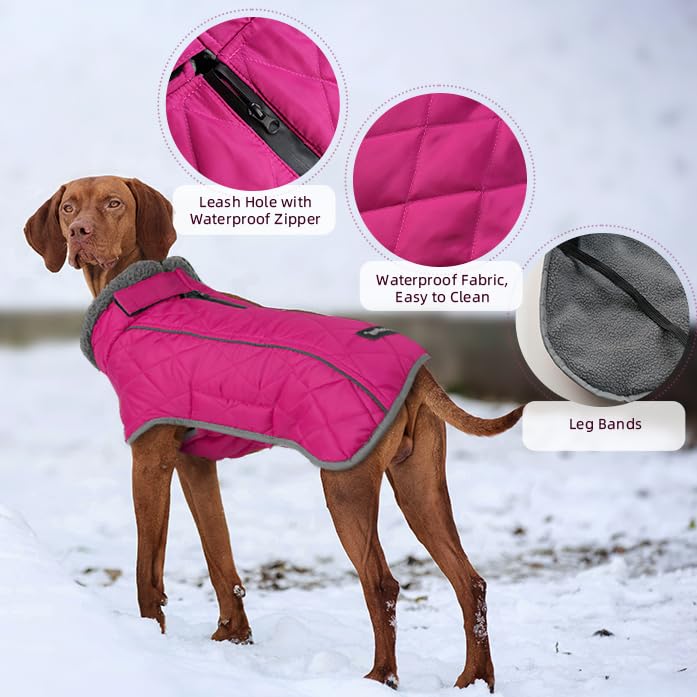 Image of Fragralley Dog Coat Medium, Waterproof Dog Jacket with Warm Fleece Lining, Adjustable Reflective Dogs Winter Coat, Turtleneck Pet Coats for Cold Weather (Rose Pink M)