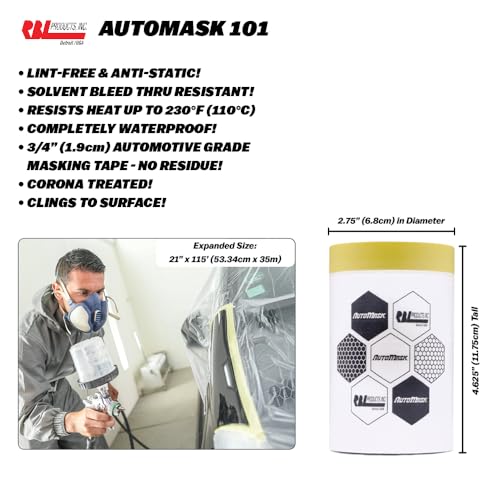 Image of RBL Products AutoMask Paint Masking Film - Lint-Free, Anti-Static, Waterproof & Solvent-Resistant - Pre-Taped for Quick & Accurate Vehicle Masking