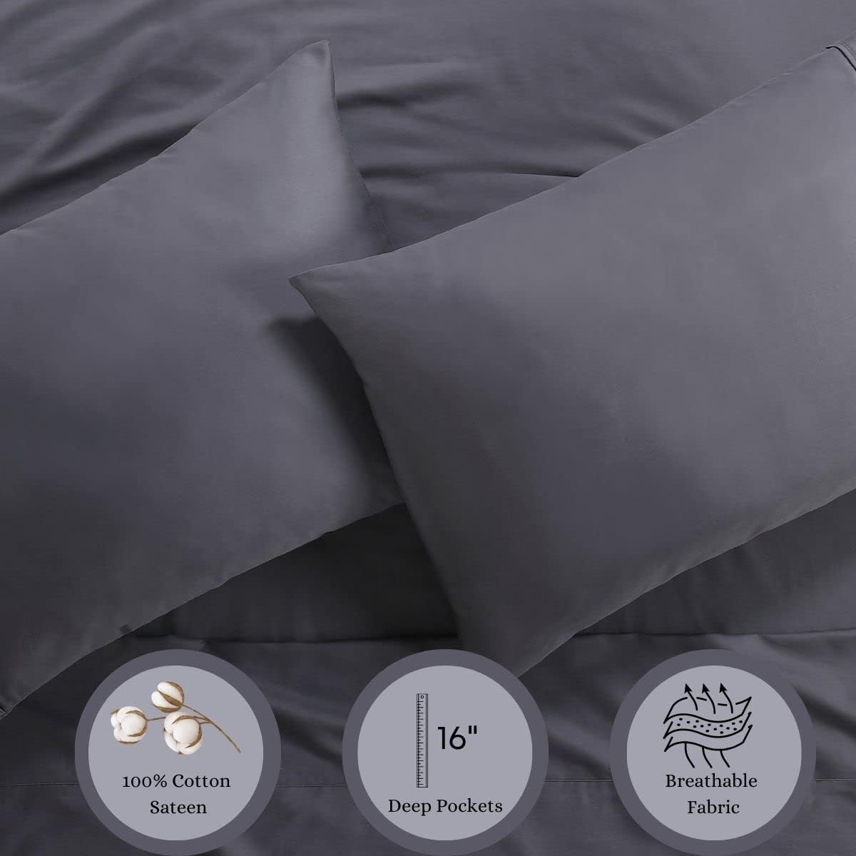 Anne Klein Reverie 100% Cotton Solid Sheet Set, King, Charcoal