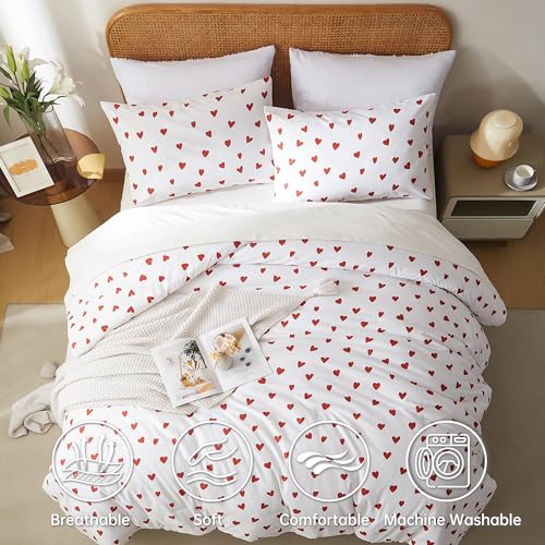 Image of BOLINLIVING Cute Duvet Cover King Size, White 3 Pieces Duvet Cover with Red Heart-Shaped Print,Soft Breathable Microfiber Bedding Set for All Season with Zipper Closure and Corner Ties