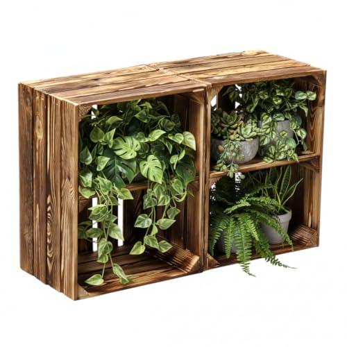 Teramico Massive Holzkisten Schuhregal Bücherregal LEICHT GEFLAMMT mit Zwischenbrett (verschraubt) Apfelkisten Obstkisten Weinkisten Kisten-Regal Vintage (2er Set Quer)