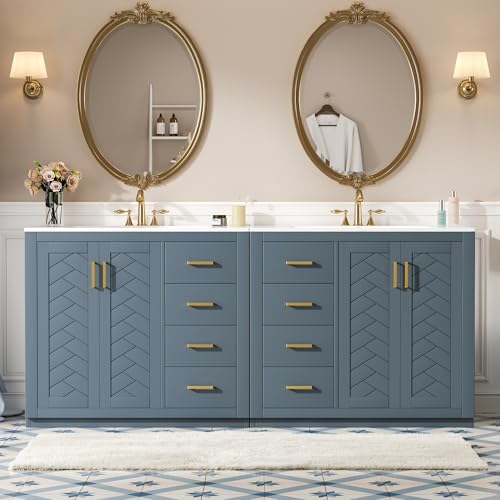 THINK 30 72 Inch Dark Blue Bathroom Vanity with Double Sink,Herringbone Front Modern Double Sink Vanity with 6 Drawers & 2 Cabinets,Soft Closing Doors with Gold Handles,Solid Wood Frame(2 * 36 Inch)