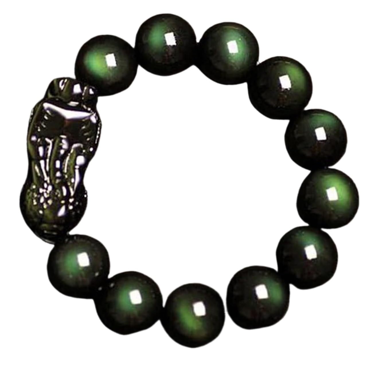 MOCHAMIK Schwarzer Obsidian, Pi Yao Reichtum, 12 mm, Reiki-Kristall, spirituelles Chakra-Amulett, Glück, verstellbar, Abwehr des Bösen, grün, 12 mm