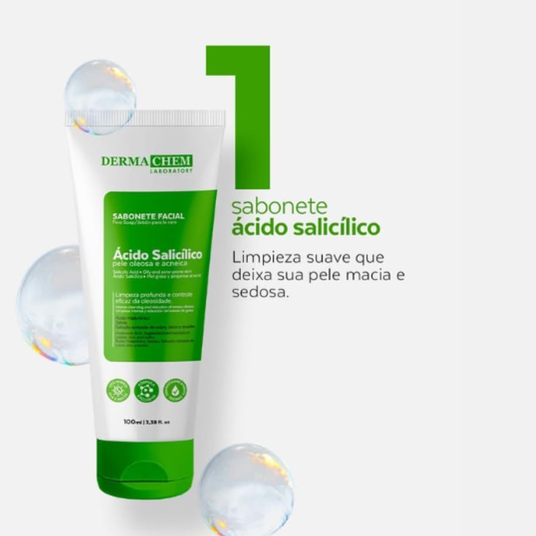 Frontal view of the product with a plain white background decorated with translucent bubbles.