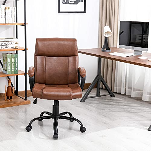 Dyhome Office Chair, Brown Office Chair, 350 Lbs Brown Leather Office Chair, Mid Back Computer Chair, Ergonomic Office Chair Adjustable Conference Swivel Task Chair With Padded Armrests #TOP6