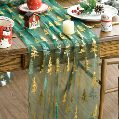 Artoid Mode Green Gold Christmas Tree Gauze Table Runner 120 Inch 10FT, Glitter Metallic Foil Seasonal Sheer Dining Holiday Table Decor for Home Party